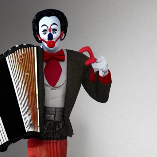 Image similar to Unreal Engine render of a peculiar man with a long curvy accordion-neck, clown face, steampunk, 4K character design