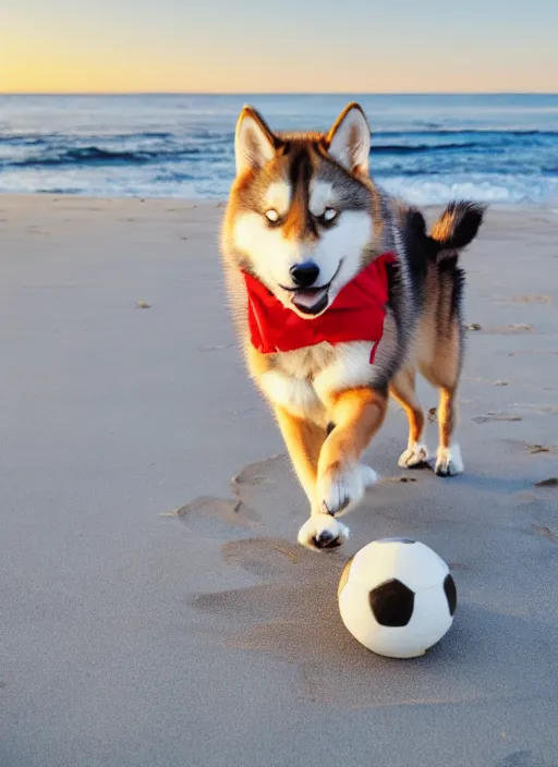 Image similar to a playful caramel husky wearing a red bandana, playing soccer on the beach, Golden hour, bokeh , 4k