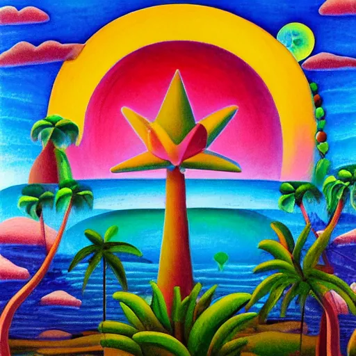 Prompt: a ultradetailed beautiful clay art of amazonas beach by tarsila do amaral, major arcana mason sparkles sky, dougherty patrick, trending on artstation, mediterranean, palm trees, light sparkles, major arcana sky, sharp focus, soft light