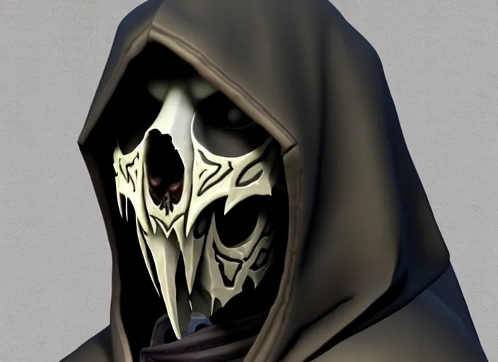 Image similar to hooded wraith skull, stylized stl, 3 d render, activision blizzard style, hearthstone style, darksiders style, dauntless style