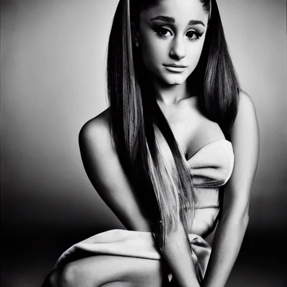 Image similar to award winning photo of Ariana Grande on a chesterfield lounge, symmetrical face, beautiful eyes, studio lighting, wide shot art by Sally Mann & Arnold Newman