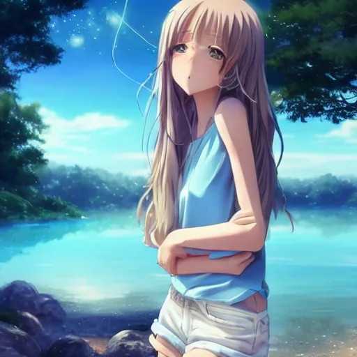 Image similar to a very beautiful anime girl, full body, long wavy blond hair, sky blue eyes, full round face, short smile, cute top, short jeans, summer lake setting, cinematic lightning, medium shot, mid-shot, highly detailed, trending on Artstation, Unreal Engine 4k, cinematic wallpaper by Stanley Artgerm Lau, WLOP, Rossdraws, James Jean, Andrei Riabovitchev, Marc Simonetti, and Sakimichan