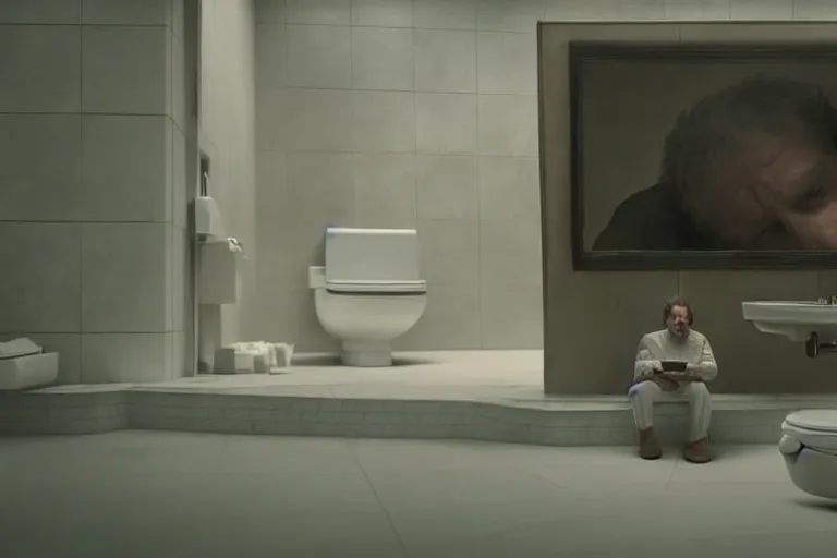 Prompt: hyperrealism aesthetic ridley scott and denis villeneuve style photography of a detailed giant, siting on a detailed ultra huge toilet and scrolling his smartphone in hyperrealism scene from detailed art house movie in style of alejandro jodorowsky and wes anderson