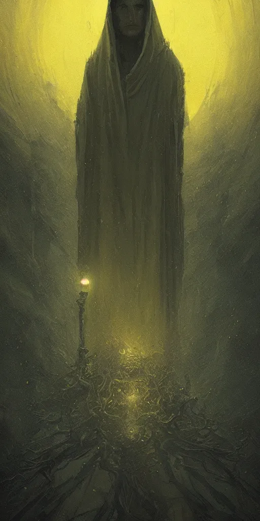 Image similar to the king in yellow, artstation, detailed, dark fantasy, lovecraftian, digital art, beautiful composition, masterpiece, by Greg Rutkowski