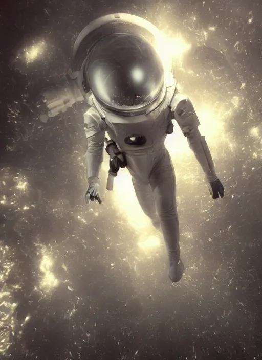 Image similar to infrared concept art by craig mullins astronauts in futuristic dark and empty spaceship underwater. complex and hyperdetailed technical glowing suit. reflection and dispersion materials. rays and dispersion of light. volumetric light. 5 0 mm, f / 3 2. noise film photo. flash photography. octane render. interstellar movie art