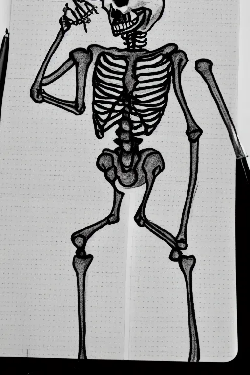 Prompt: silly drawing of a skeleton on lined notebook paper