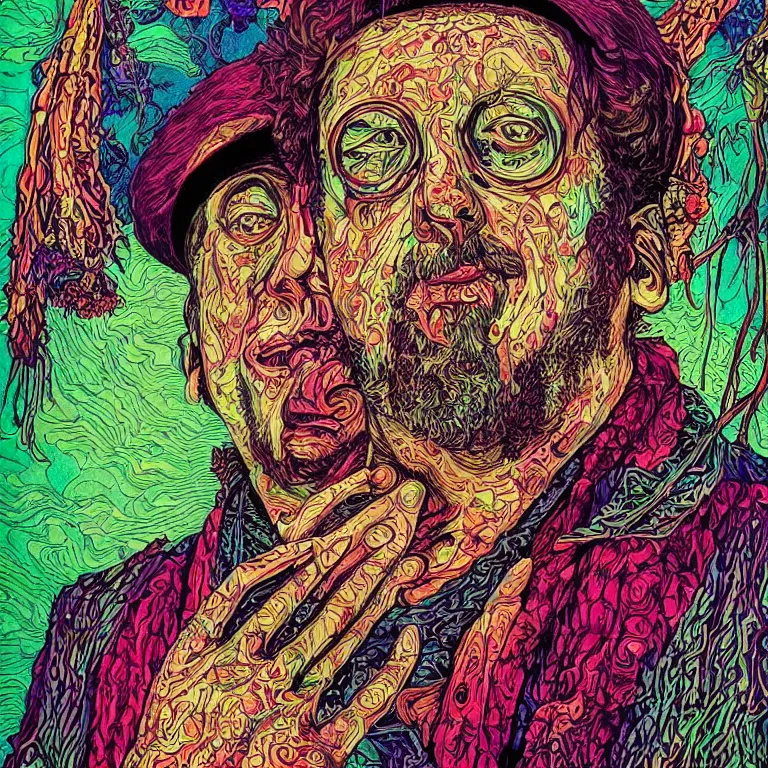 Image similar to beautiful colorful hyperrealist highly detailed psychedelic music poster'zombie paul giamatti ', psychedelic art nouveau, beautiful high contrast colored wood engraving, moebius comic style, shocking detail trending on artstation 8 k