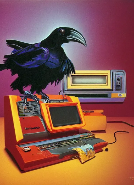 Image similar to a raven digging through 8 0 s era technology, vintage shapes, retro technology, happy color, wayne barlow, oil on canvas, deep depth field, masterpiece, cinematic composition, hyperdetailed