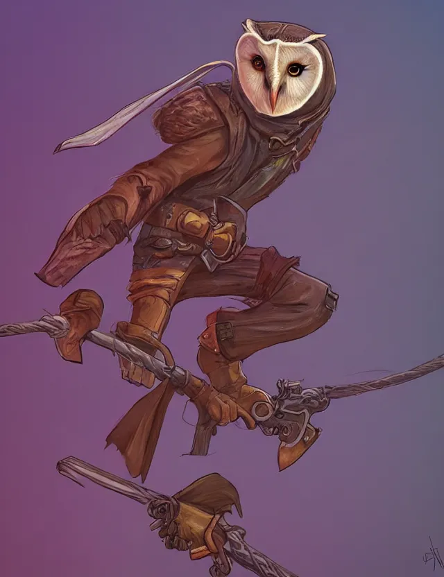 Prompt: barn owl - inspired rogue. this heavily stylized oil painting by the award - winning comic artist has interesting color contrasts, plenty of details and impeccable lighting.