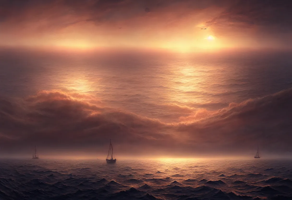 Image similar to strange sea surface of autumn planet at sunset, sailing ship on horizon, ultra high definition, ultra detailed, symmetry, fog, matte painting, by greg rutkowski and ross tran and wlop