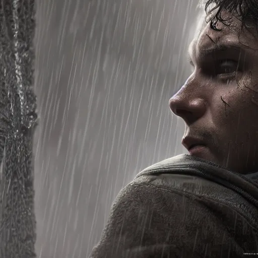 Image similar to Peter Parker , wet face , heavy rain ,dramatic, intricate, highly detailed, concept art, smooth, sharp focus, illustration, Unreal Engine 5, 8K