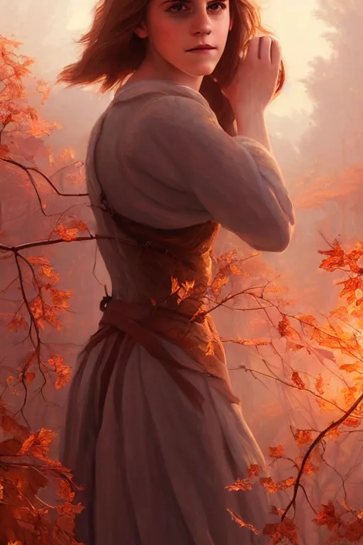 Prompt: emma watson goddess of the autumn twilight, highly detailed, digital painting, artstation, concept art, smooth, sharp focus, illustration, unreal engine 5, 8 k, art by artgerm and greg rutkowski and edgar maxence