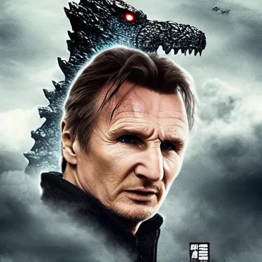 Prompt: liam neeson versus godzilla, movie poster, profile angle, high quality, realistic, head to head poster