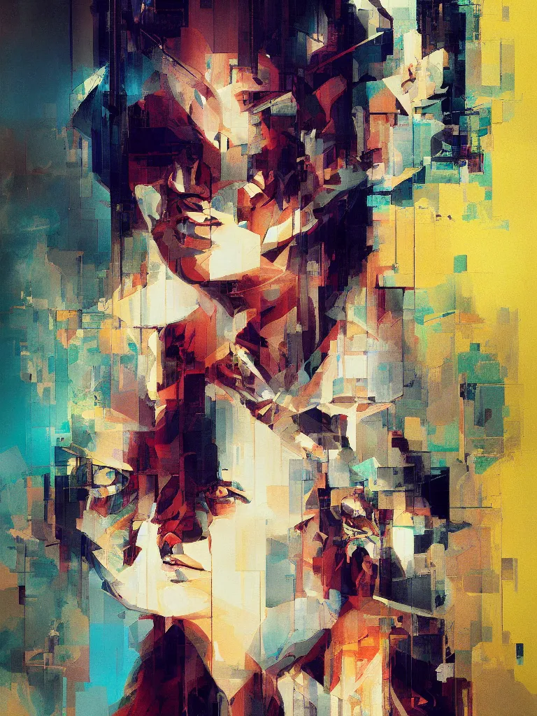 Image similar to a beautiful painting by patrick bremer of a girl portrait in front of a mirror in a glitched bathroom, pixel sorting, color bleeding, brushstrokes by jeremy mann