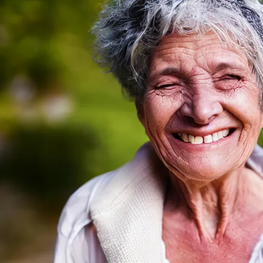 Image similar to an old woman smiling. she has a thin transparent oxygen tubing under her nose