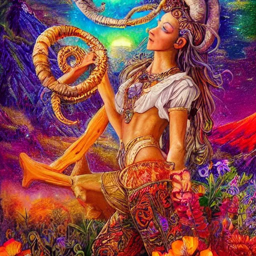 Image similar to horned ram goddess, checking her cell phone, painting by josephine wall, erupting volcano in distance, sunset, flowers in foreground, zodiac, fantasy acrylic on canvas, intricately detailed, highly detailed, high resolution, hdr, 8 k, by senior concept artist, trending on artstation