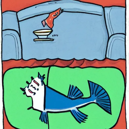 Image similar to illustration of a catfish giving a thumbs up in the style of bojack horseman, by lisa hanawalt