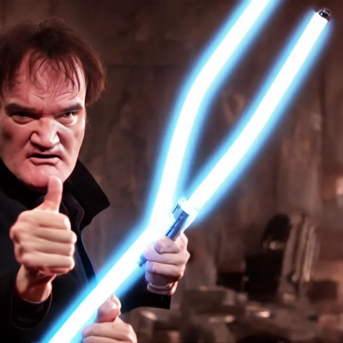 Prompt: quentin tarantino raising a lightsaber, giving thumbs up. without characters. black background. cinematic trailer format.