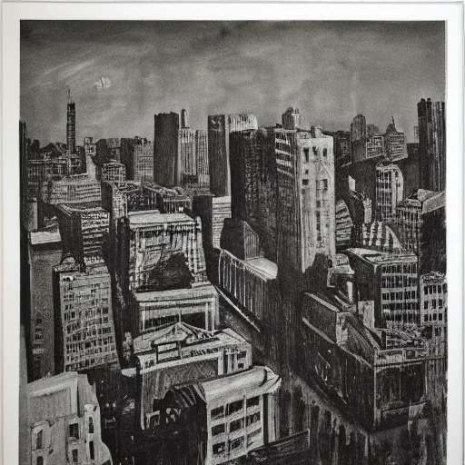 Prompt: google mild, spirited by simon bisley, by kara walker, by diane arbus. a print of a cityscape. the print shows a view from an elevated train line of the city below.