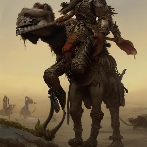 Image similar to portrait of a gnoll wearing a skull - shaped steel helmet and plate armor holding a lance riding a camel, fantasy, highly detailed, digital painting, artstation, concept art, character art, art by greg rutkowski and tyler jacobson and alphonse mucha