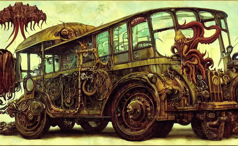Image similar to cthulhu driving a steampunk school bus. highly detailed science fiction painting by norman rockwell, frank frazetta, and syd mead. rich colors, high contrast, gloomy atmosphere, dark background. trending on artstation