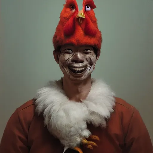 Image similar to scary portrait of an asian man dressed as a chicken, the chicken man, man dressed as a chicken, highly detailed painting by sergey kolesov, 8 k, man dressed as a chicken