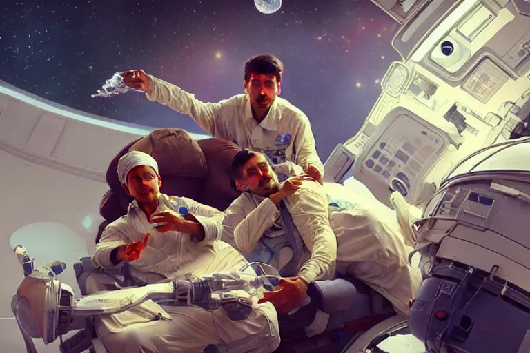 Image similar to Exhausted good looking pale young Indian doctors wearing jeans in a space station above Earth performing surgery, portrait, elegant, intricate, retrofuturistic digital painting, artstation, concept art, smooth, sharp focus, illustration, art by artgerm and greg rutkowski and alphonse mucha