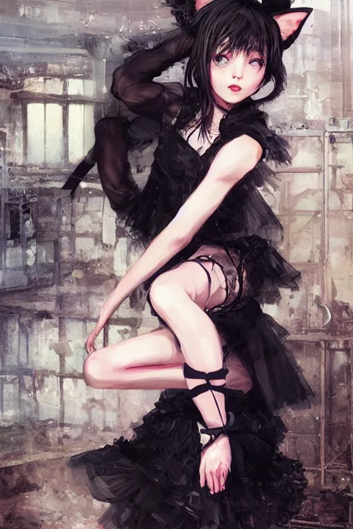 Prompt: a girl with cat ears wearing a black lace dress and thigh highs walking in an abandoned factory, digital art, beautiful face, expressive oil painting, by yoshitaka amano, by artgerm, by jeremy lipking, volumetrics, sunset