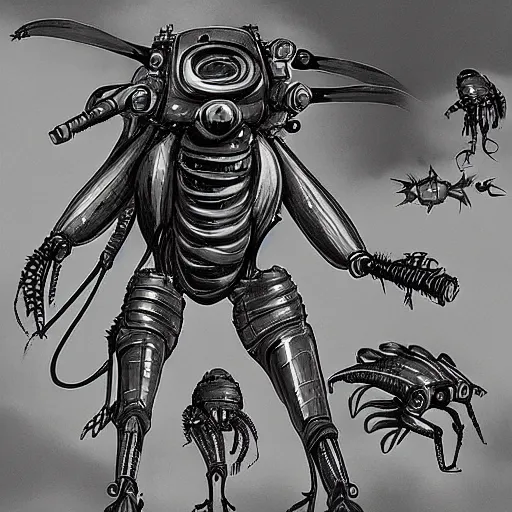 Image similar to concept art of a cyberpunk insectoid underwater alien and its minions, 1 9 4 0 s weapons