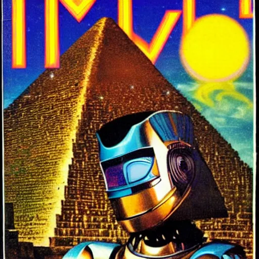Image similar to 1983 Omni Magazine cover featuring airbrushed art of dramatic pyramids and robot masks, all centered over infinite cyber grid