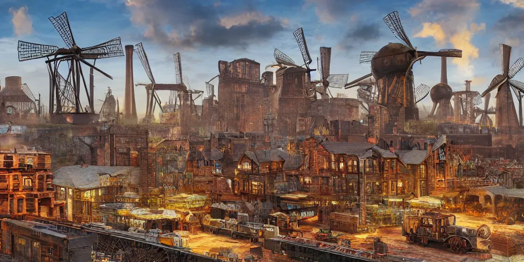 Image similar to A highly-detailed 3d digital artwork cityscape of an industrial steampunk city with windmills, tall wooden buildings, steam-powered factories, floating wooden boats, steel cars, steel steam trains, giant blimps