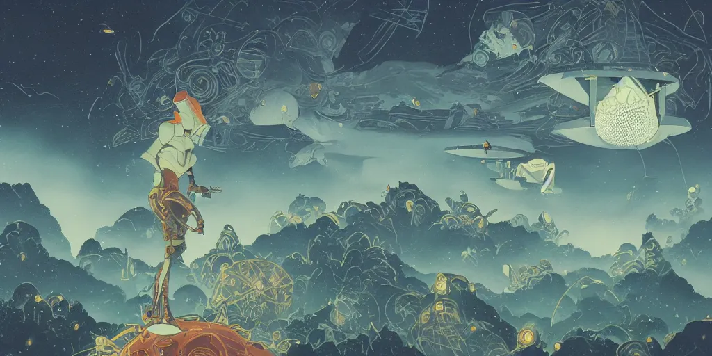 Prompt: unpublished photo of ufo, by victo ngai & peter mohrbacher