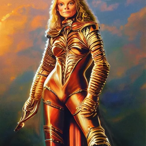 Image similar to portrait of a stunningly beautiful paladin in copper plate armor who looks like young michelle pfeiffer, moonlight in the background by boris vallejo and julie bell, full body, soft lighting, HD, elegant, intricate, masterpiece