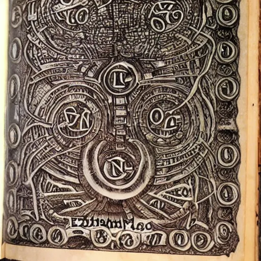 Image similar to necronomicon lost pages, enochian language, high details