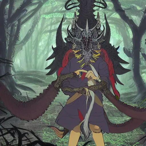 Image similar to concept art painting of an anthropomorphic dragon king with robes, a long dragon neck, and horned skull mask, in a deep forest, anime style, cel shaded, in the style of makoto shinkai and james gurney and studio ghibli and moebius