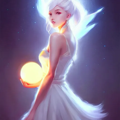 Image similar to a woman in a white dress holding a glowing ball | with nine white fox tails | a detailed painting by ross tran!!!!!!!!!!!!!!! | wlop and stanley artgerm lau | featured on deviantart | fantasy art | anime | 2 d game art | official art