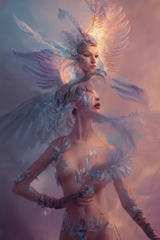 Prompt: beautiful model wearing crystal feathers, diamonds, angel, fantasy, dramatic lighting, highly detailed, digital painting, holding electricity, magic the gathering, hyper detailed, 3 d render, hyper realistic detailed portrait, peter mohrbacher, wlop, ruan jia