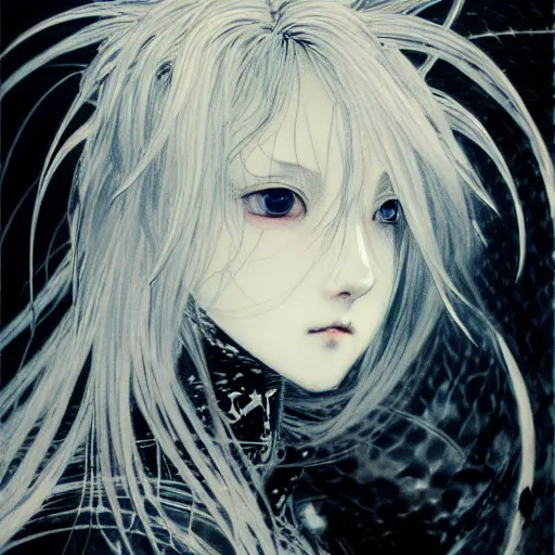 Image similar to yoshitaka amano blurred and dreamy realistic illustration of an anime girl with wavy white hair and cracks on her face wearing elden ring armour with the cape fluttering in the wind, abstract black and white patterns on the background, noisy film grain effect, highly detailed, renaissance oil painting, weird portrait angle