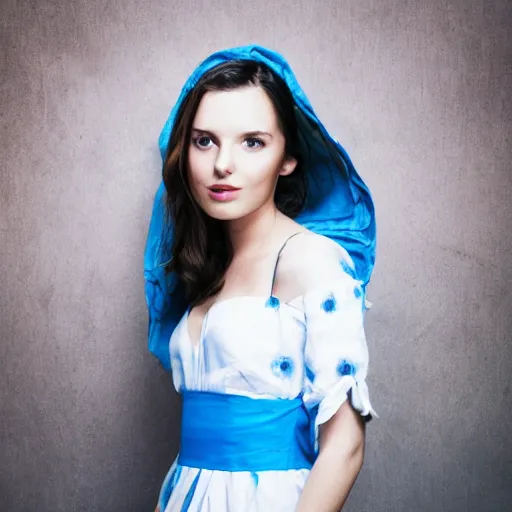 Prompt: young brunette woman with hooknose wearing blue circle and white dress