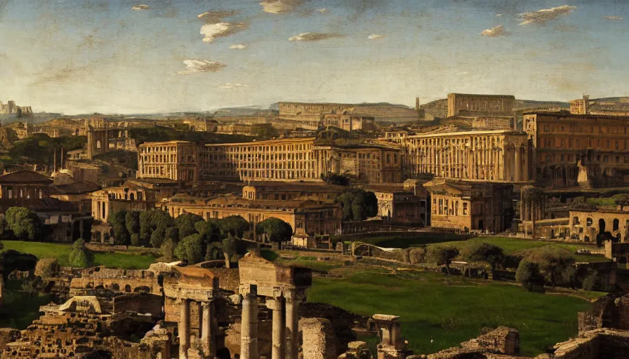 Prompt: ancient rome, aqueduct and roman baths in the background, clearly separated foreground middleground background, foggy, cupresses, intricate, paint texture, old masters, caravaggio, repin, solid anatomy, elegant, volumetric lighting, digital painting, highly detailed, artstation, sharp focus, illustration, concept art, steve mccurry, norman rockwell, masterpiece, 8 k