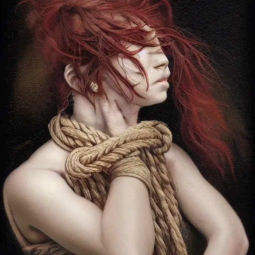 Image similar to portrait of a Shibari rope wrapped face and neck, headshot, insanely nice professional hair style, dramatic hair color, digital painting, of a old 18th century, traveler, amber jewels, baroque, ornate clothing, scifi, realistic, hyperdetailed, chiaroscuro, concept art, art by Franz Hals and Jon Foster and Ayami Kojima and Amano and Karol Bak,