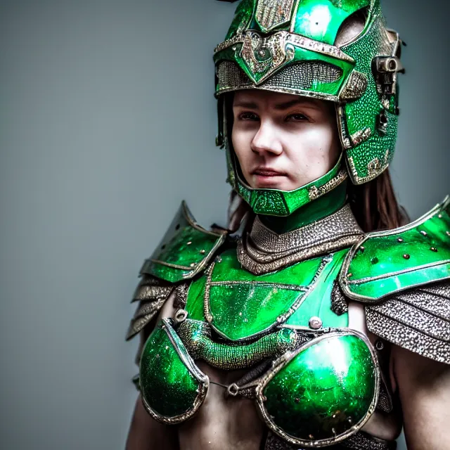 Image similar to photo of a beautiful warrior queen wearing emerald encrusted armour, highly detailed, 8 k, hdr, smooth, sharp focus, high resolution, award - winning photo