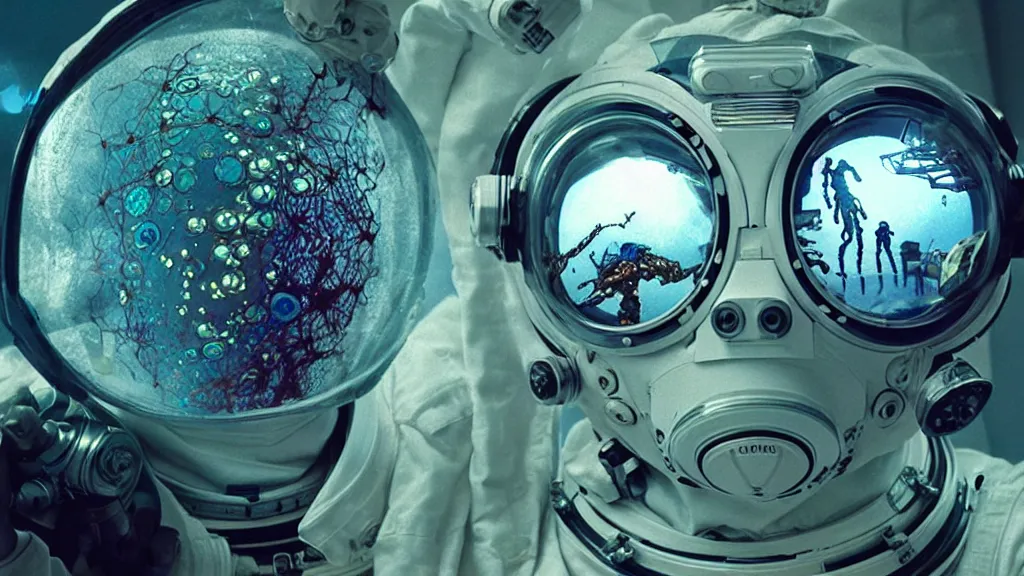 Image similar to a cybernetic symbiosis of a single astronaut eva suit swimming in infected with diamond 3d fractal lace iridescent bubble 3d skin covered with insectoid compound eye camera lenses floats through the living room, film still from the movie directed by Denis Villeneuve with art direction by Salvador Dalí, wide lens,