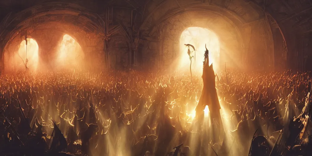 Image similar to ambience, atmosphere, sunbeams, concept art, sauron plays guitar at a rock concert to a crowd of orcs, lord of the rings, peter jackson, studio ghibli, detailed, realistic lighting, volumetric lighting, golden hour,