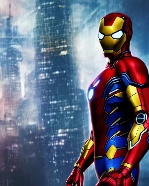 Image similar to super high resolution photorealistic cyberpunk spiderman mixed with iron man