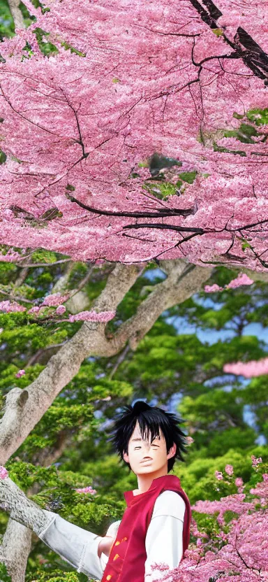 Image similar to “ a portrait of luffy at a sakura tree, side shot, by shunji dodo, 8 k resolution, photo, high quality ”