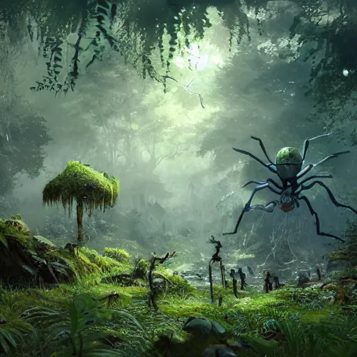 Prompt: an ugly giant spider, beautiful, realistic, atmosphere, vibe, forest, lot of trees, fern, flowers, concept art illustration, color page, tone mapping, akihiko yoshida, james jean, andrei riabovitchev, marc simonetti, digital illustration, greg rutowski, volumetric lighting, sunbeams, particles