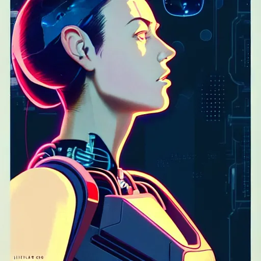 Image similar to side portrait scifi cyborg girl with robotic parts and spacesuit | | head only in center of image, audrey plaza, fine detail!! anime!! realistic shaded lighting!! poster by ilya kuvshinov katsuhiro otomo ghost - in - the - shell, magali villeneuve, artgerm, jeremy lipkin and michael garmash and rob rey