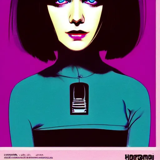 Prompt: woman with dark bobcut haircut with friendly blue eyes and slim features looking surprised, underground box office hit, satire and seventies italian horror movie, giallo, intricate, ultra detailed 8 k, best, cool, extremely beautiful and aesthetic shape of face and neck, art by hiroaki samura and ilya kuvshinov and rossdraws and andy warhol, inverted, epic