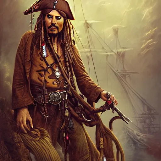 Image similar to a hyperrealistic illustration of Captain Jack Sparrow as Davy Jones, Pirates of the Caribbean Ship with fractal sunlight, award-winning, masterpiece, in the style of Tom Bagshaw, Cedric Peyravernay, Peter Mohrbacher